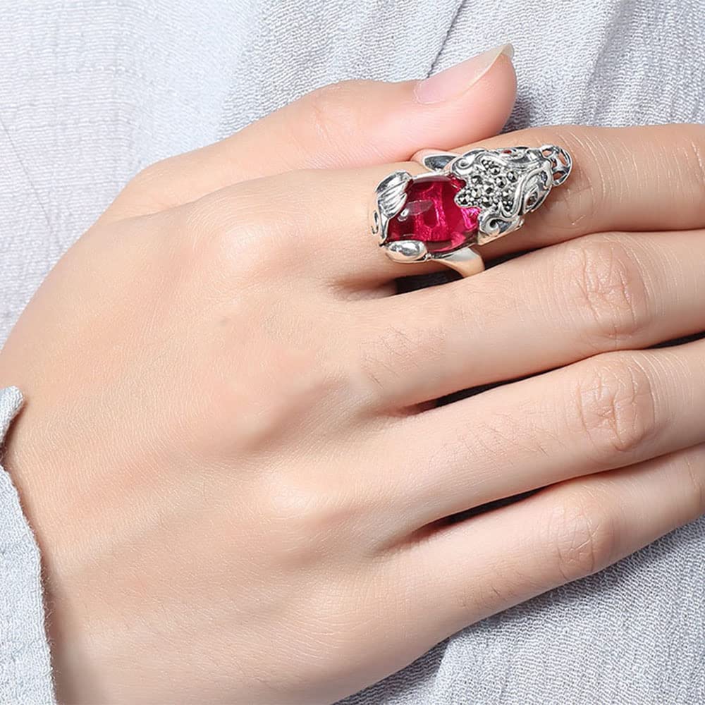 S925 Sterling Silber Red Pixiu Ringe Retro Granat Feng Shui Ringe Charming Lucky Jewelry Für Frauen Mädchen