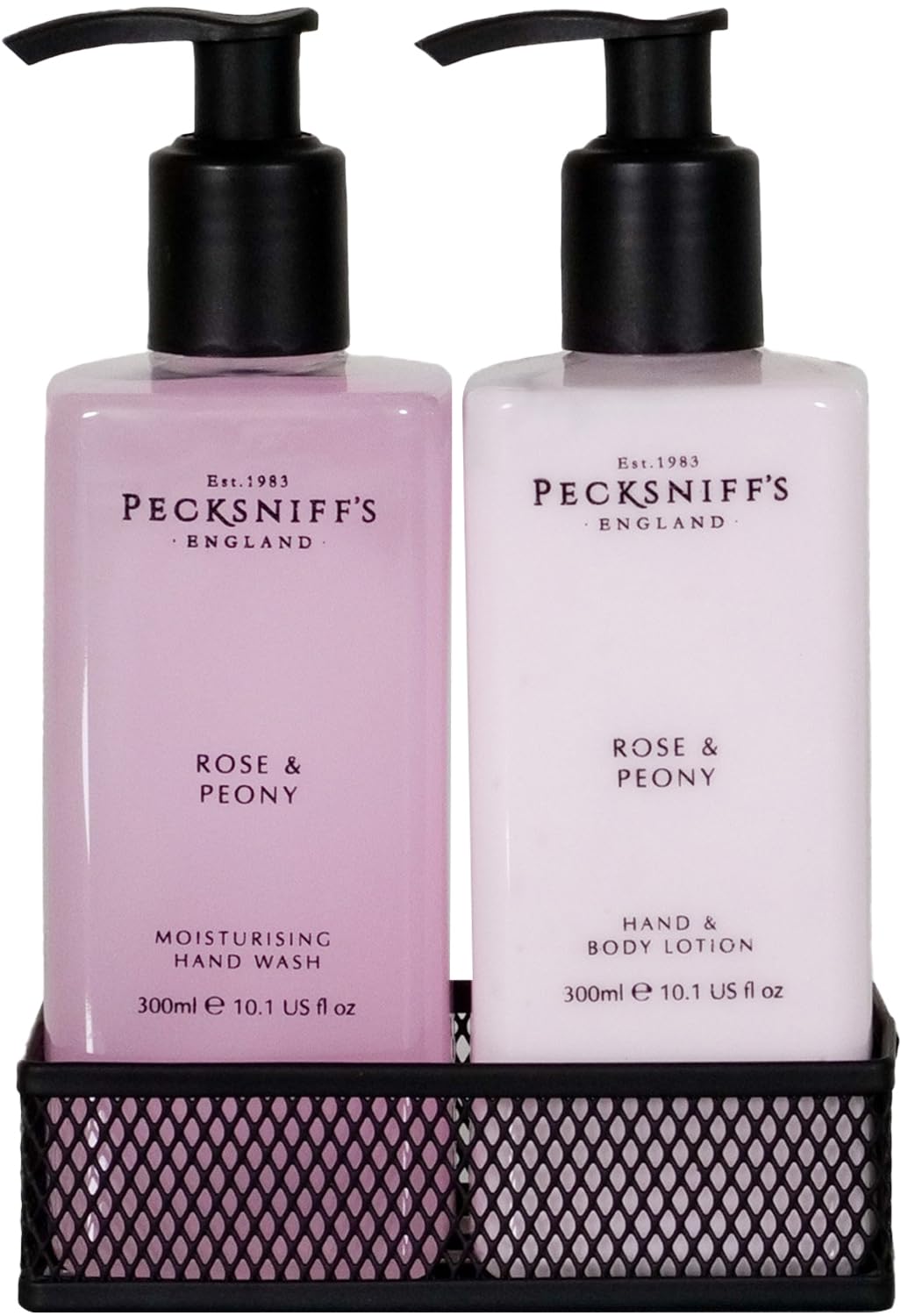 Pecksniff's Hand Wash & Body Lotion Caddy Set (Rose & Peony) - 10.1 Fl Oz Each - Gentle Cleanser for Sensitive Skin - Moisturizing & Hydrating Hand Cream - All Natural Cruelty Free Body Wash