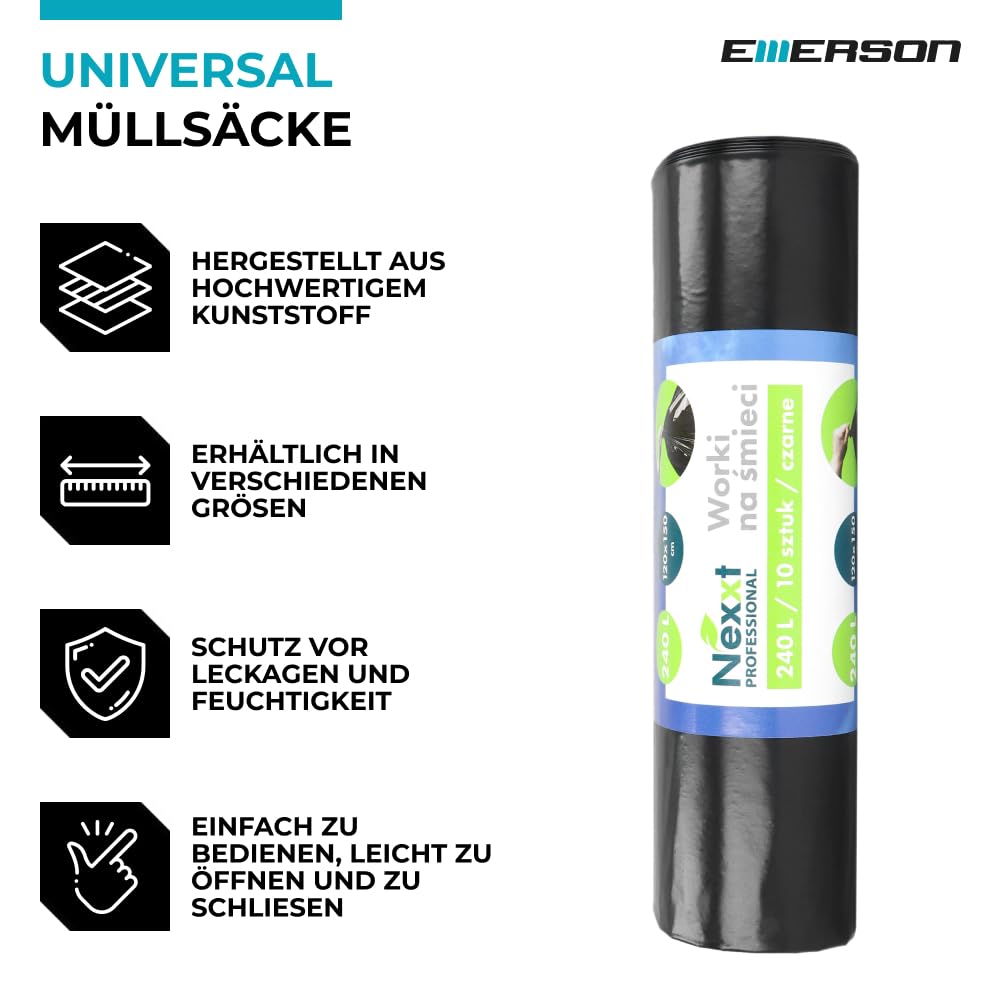 Emerson 40 sacchi per la spazzatura antistrappo, sacchi per rifiuti extra forti, confezione da 4 ruote nere, capacità 240 l, 120 x 150 cm, stabili sacchetti per la spazzatura in pellicola riciclata