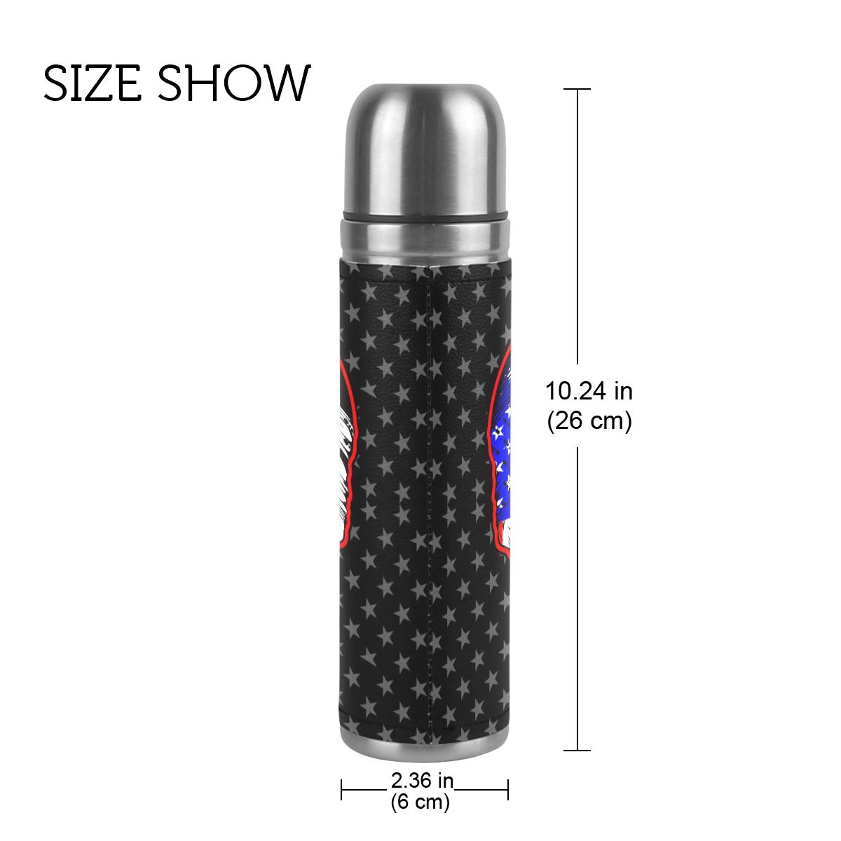 Thermosflasche, Vakuum-isoliert, Edelstahl, doppelwandig, auslaufsicher, Totenkopf-Motiv, USA-Stern-Flagge, personalisierbar, bedruckt, echtes Leder, 500 ml