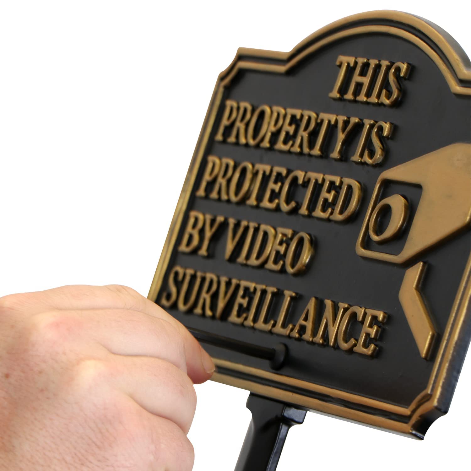 SmartSign 5.75 x 9.5 inch â€œThis Property Is Protected By Video Surveillanceâ€? GardenBoss Statement Plaque/Sign with 21 inch Lawn Stake, 375 mil Rustproof Aluminum, Black and Gold, Set of 1