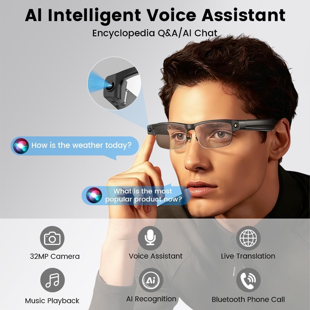Smart Camera Glasses, Smart Glasses with Camera and Bluetooth 8MP Video Recording Anti-Shake 32G Support Chart GPT,WiFi,AI Voice Assistant,Translate,Music for Men/Women (Anti-Blue Light Lens)