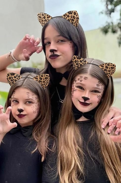 Huachi Cheetah Ears Headband for Women, Leopard Ears Costume with Face Tattoos, Halloween Cat Ear Headband Cheetah Hair Accessories
