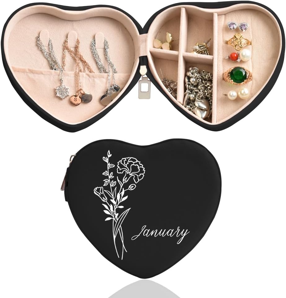 Personalized Travel Jewelry Box with Birth Flower, PU Leather Small Jewelry Organizer for Women Girls, Portable Travel Case Display Storage Holder Boxes for Earrings,Rings,Necklaces, Bracelets