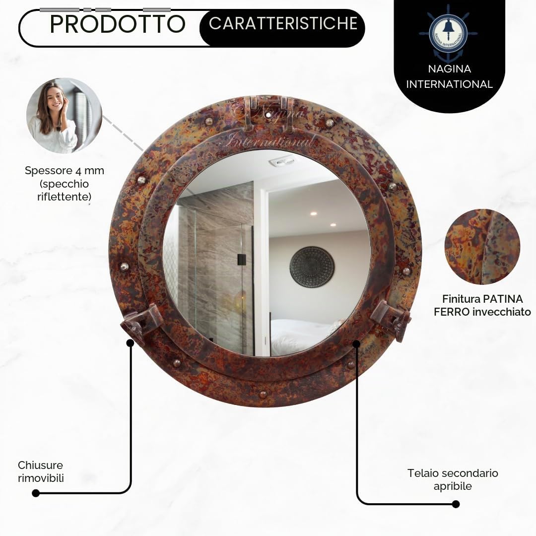 Nagina International Specchio a oblò nautico di alta qualità in rame rustico | Specchi da bagno nautici (38 cm, specchio in alluminio)