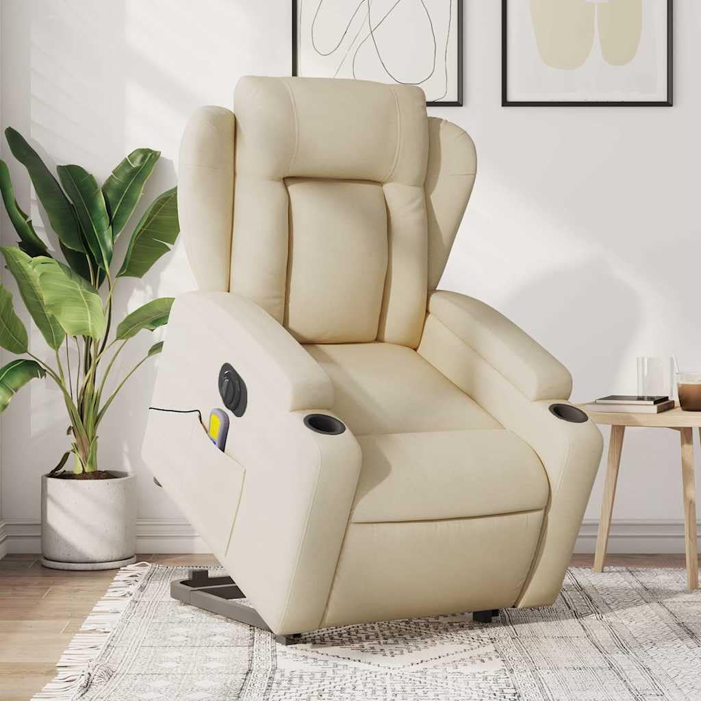 Elektrischer Relaxsessel Creme Stoff mit Aufstehhilfe, Liegefunktion, 6-Punkt-Vibrationsmassage, Armlehnen, Getränkehalter, Seitentasche, modernes Design