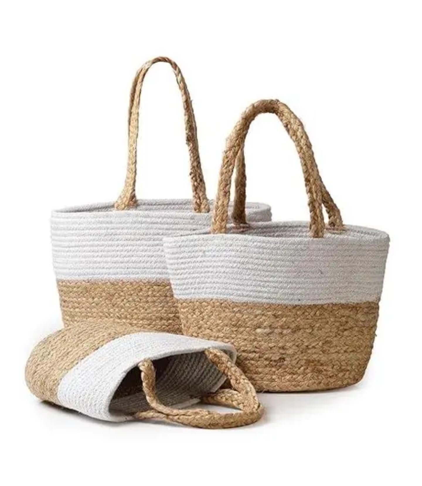 Juego de cestas de almacenamiento de cuerda tejida, yute natural y algodón, dos tonos blanco y beige, asas trenzadas