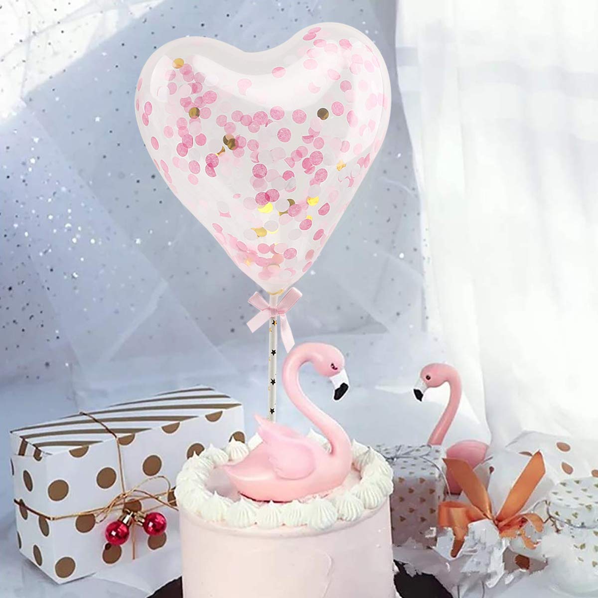 Lot de 6 décorations de gâteau d'anniversaire avec éventails en papier rose « Happy Birthday », ballons à confettis, fournitures de gâteau d' anniversaire (takemay rose