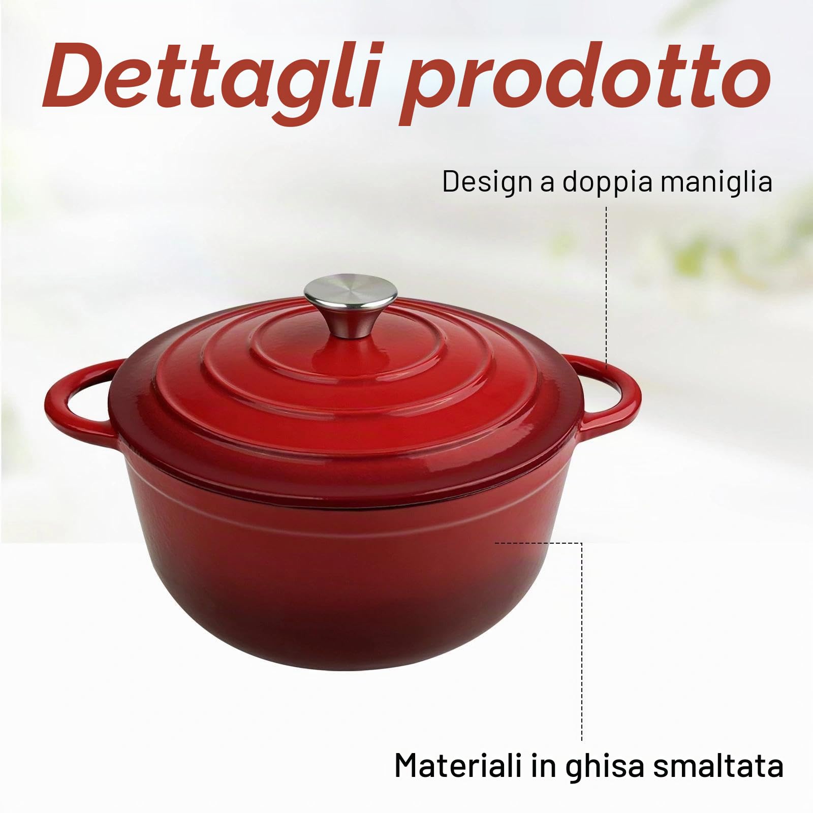 Chiluxendo 25 cm Pentola in Ghisa, Casseruola con Coperchio, Casseruola Smaltata per Adatta a Tutti i Piani Cottura, Cocotte in Ghisa per Stufato e Arrosti Lenti(Rossa)