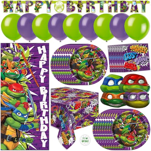 Teenage Mutant Ninja Turtle Birthday Decorations for Party | Serves 16 Guests | Balloons Banner Tablecloth Masks Plates Napkins Door Poster Backdrop | Officially Licensed