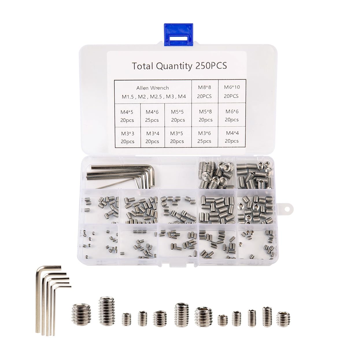 Set assortimento da 250 viti senza testa, grani con chiave a brugola, viti a testa esagonale per maniglie delle porte, rubinetto – M3/M4/M5/M6/M8
