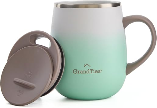 GRANDTIES 16oz Ceramic-Lined Insulated Coffee Mug with Sliding Lid, Wine-Glass Shape Thermal Tumbler with Double Walled Vacuum to Keeps Beverages Hot or Cold Mist Sage