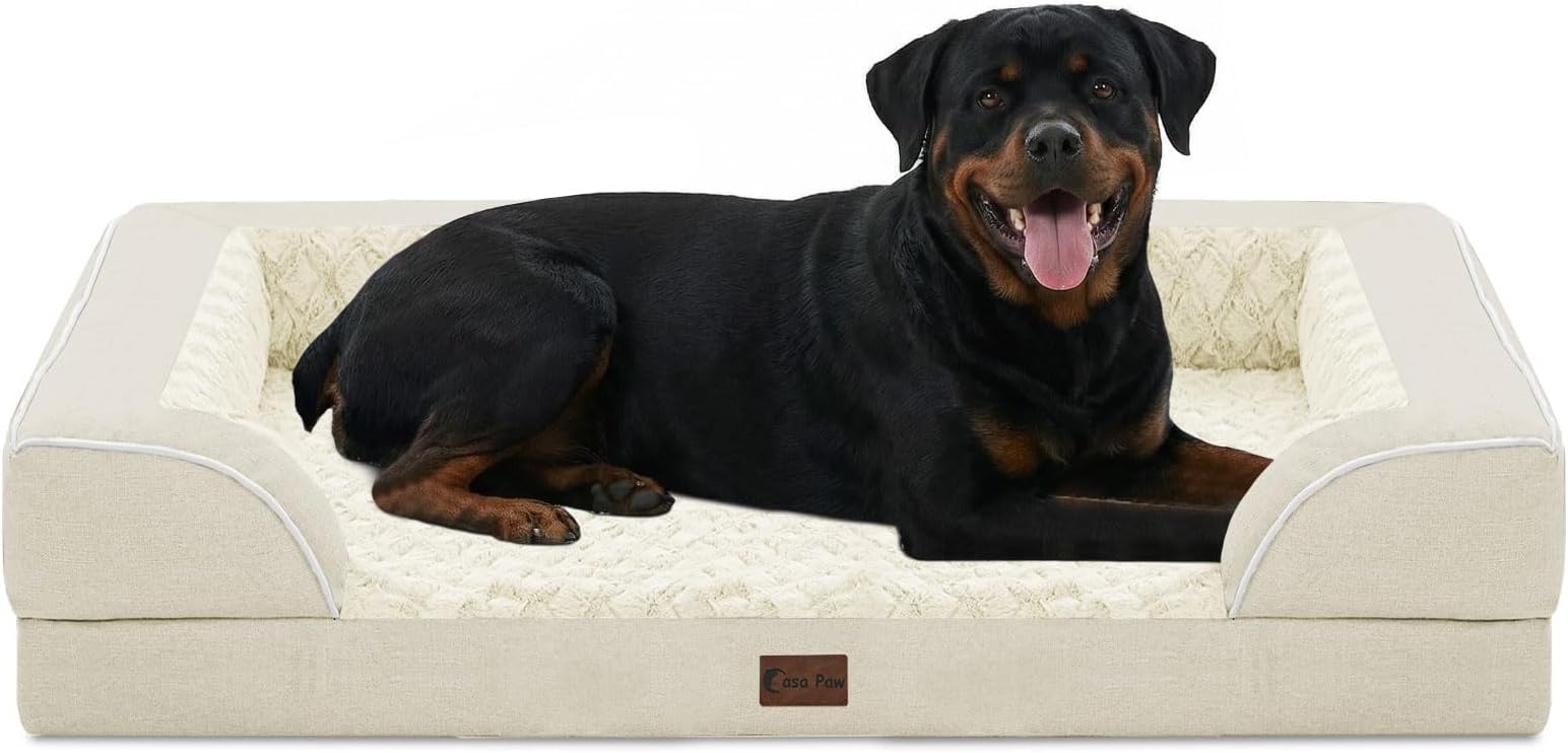 Orthopedic Dog Beds for Extra Large Sized Dogs, Waterproof Memory Foam XL Pet Bed with Sides 48x30Inch, Non-Slip and Egg-Crate Foam Big Dog Couch Bed with Removable Washable Cover, Beige