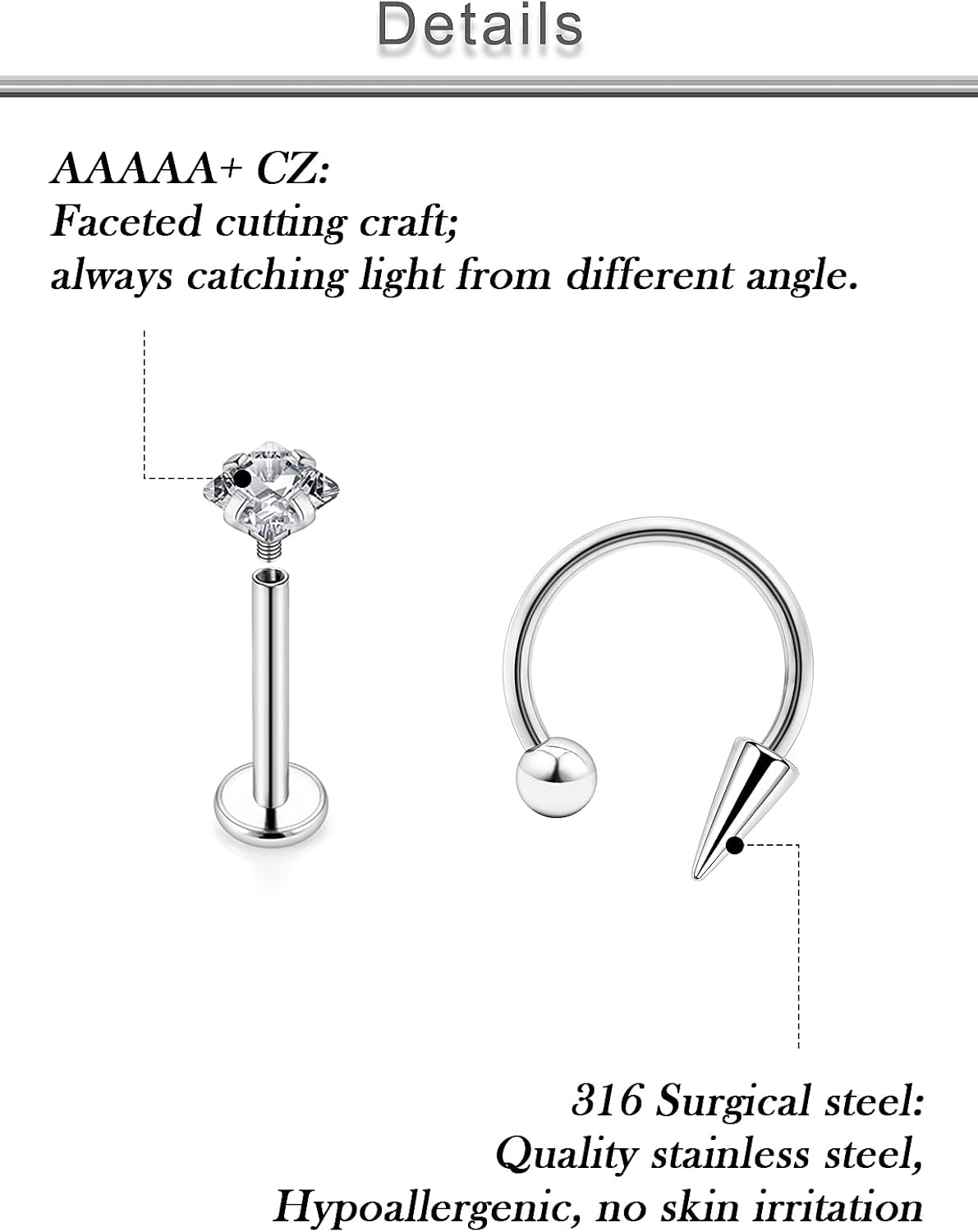 16G Spike Lip Labret Medusa Monroe Snake Bites Piercing Jewelry 316L Surgical Steel Eyebrow Rings Cartilage Helix Tragus Daith Rook Earrings Piercing Jewelry for Womem Men - Image 3