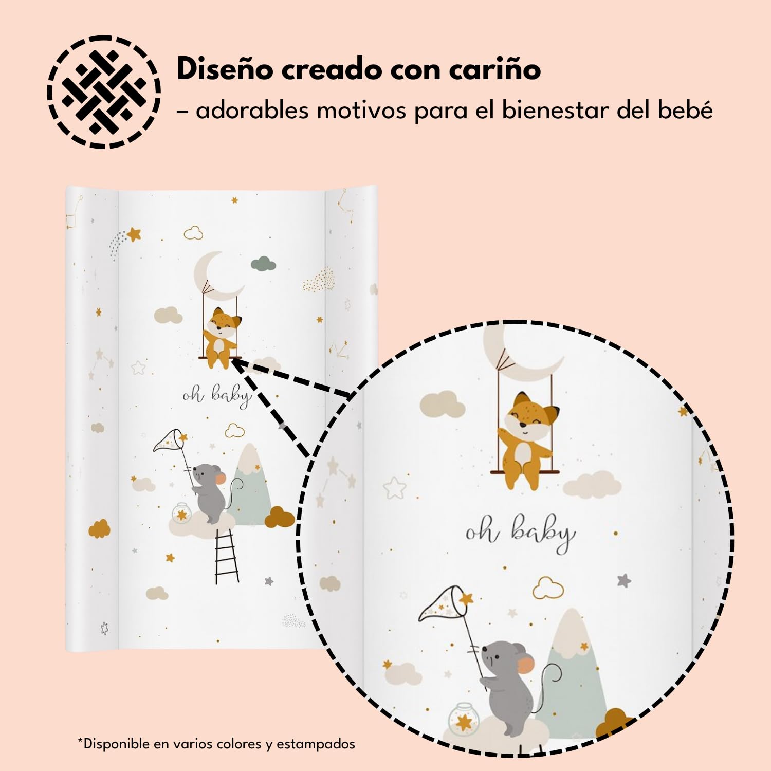 Colchón cambiador bebé 70x47 cm blanco con ratón – cambiador para cómoda, lavable y suave con bordes de seguridad – colchoneta cambiador bebé cómoda y práctica