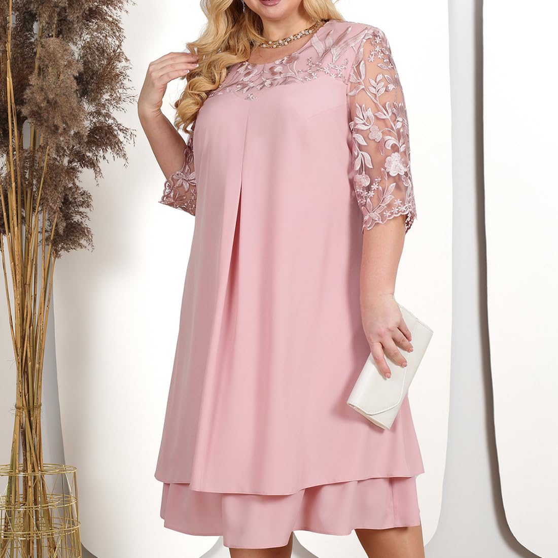 OBEEII Abito da donna in chiffon taglie forti mezza manica girocollo ricamo floreale festa matrimonio ospite cocktail abito UK