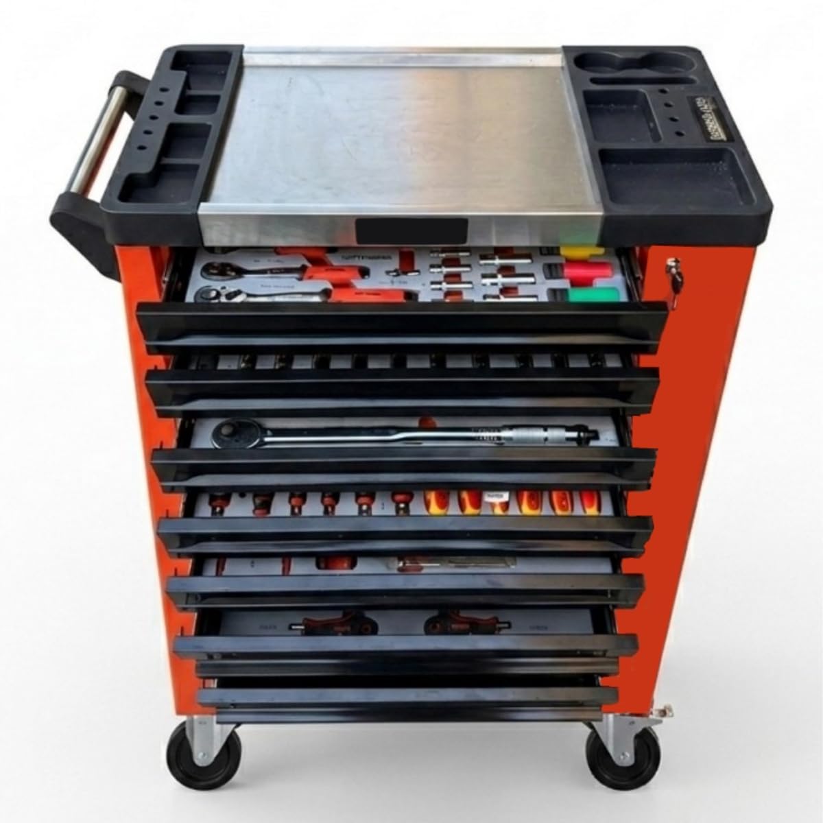 GrecoShop Carrello Porta Attrezzi con Utensili, 7 Cassetti con Organizer, Carrello Officina Professionale con Ruote, Struttura Robusta per Meccanici e Fai da Te con Chiave Dinamometrica 1/2"