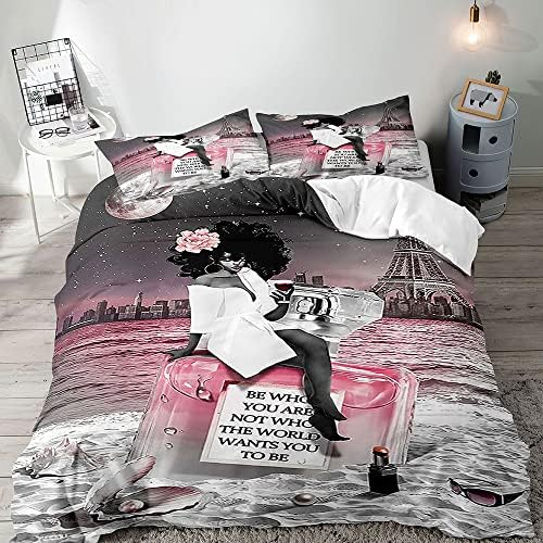 VIVIHOME 3PCS Black Girl Duvet Cover Queen Set, BE WHO YOU ARE Inspirational Quote Eiffel Tower Pink Perfume Lipstick Makeup Fashion African American Bedding Set Bedroom Decor for Women, 2 Pillowcases