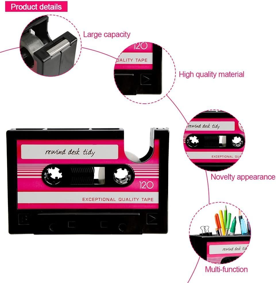 Miniatura 5 de Lindo dispensador de cinta de casete, almacenamiento de soporte para bolígrafo de casete retro, dispensador creativo de cinta de lápices, divertido