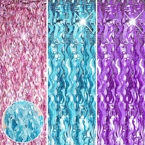 3pcs Glitter Pink Purple Blue Tinsel Curtains Party Backdrop,1 * 2m Wave Foil Door Curtain,Pastel Shimmer Foil Curtains Party Fringe Curtain for Girls Unicorn Mermaid Fairy Birthday Party Decorations