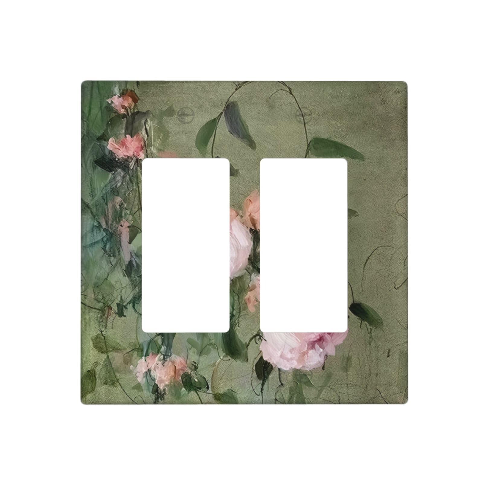 Pink flower Green Leaf texture Ink painting 2 Gang Double Decorator GFCI/Rocker Wall Plate Electrical Outlet Decorative Receptacle Cover Light Switch
