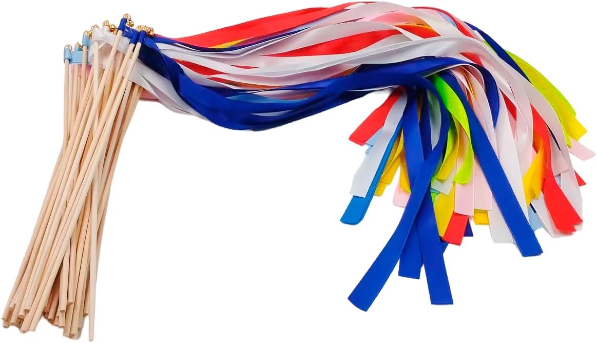 50Pcs Multicolor Ribbon Sticks Wands with Bells, Wedding Ribbon Streamers, Fairy Wands Party Favors for Wedding Birthday Celebration Baby Shower Holiday Party Decorations (Multicolor)