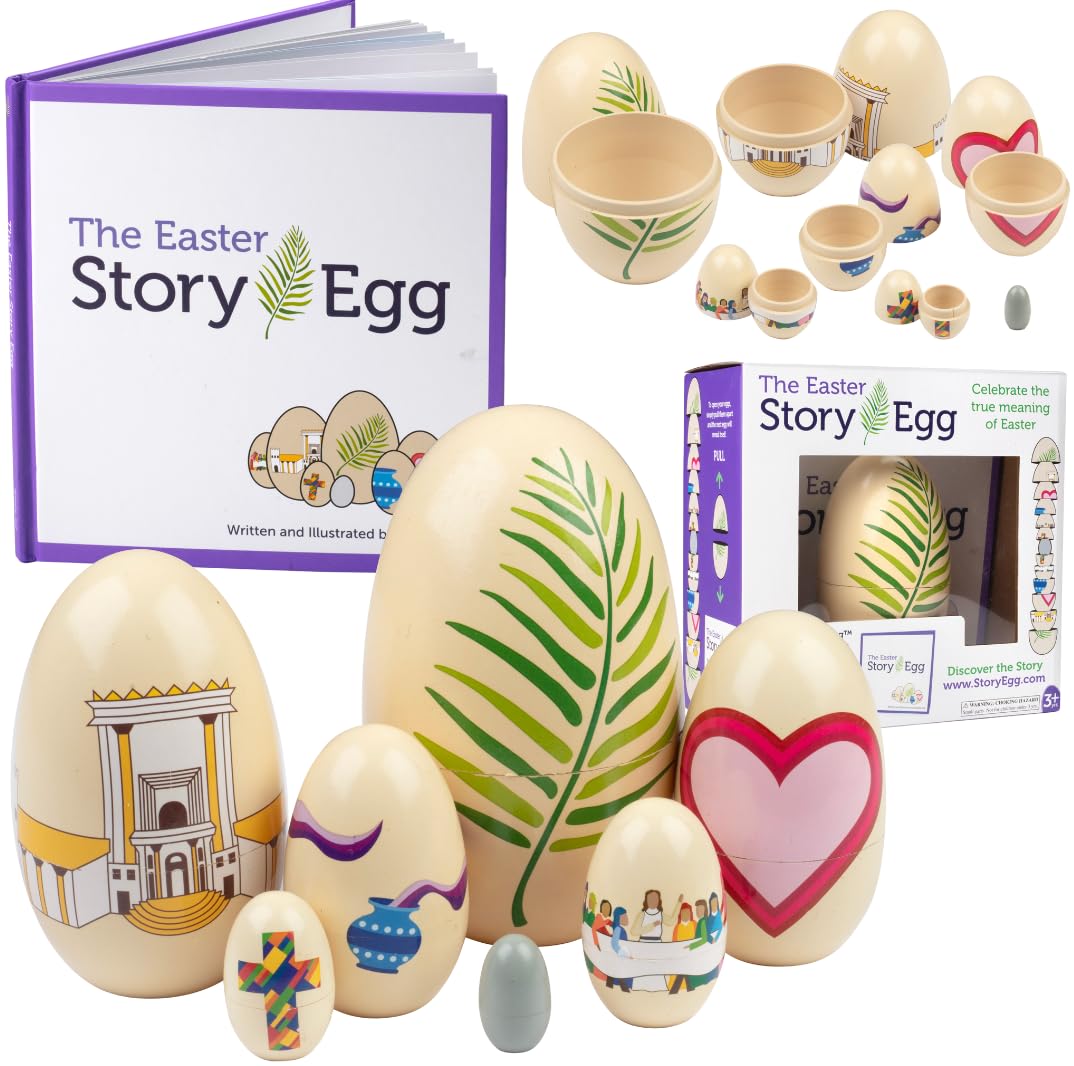 SCS Direct The Easter Story Egg - Interactive Countdown w/Story Book, Decorative Wooden Nesting Egg Toys - Jesus Resurrection Story, Religious Meaningful Easter Tradition Gift for Families & Kids