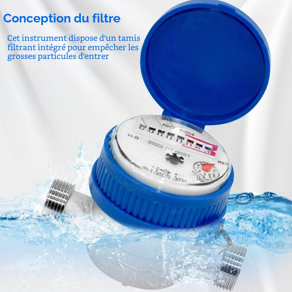 Compteur d'eau de jardin 1/2 pouce, compteur d'eau froide étalonné, compteur de robinet avec accessoires de montage et couvercle de protection, compteur d'eau froide domestique avec aiguille et