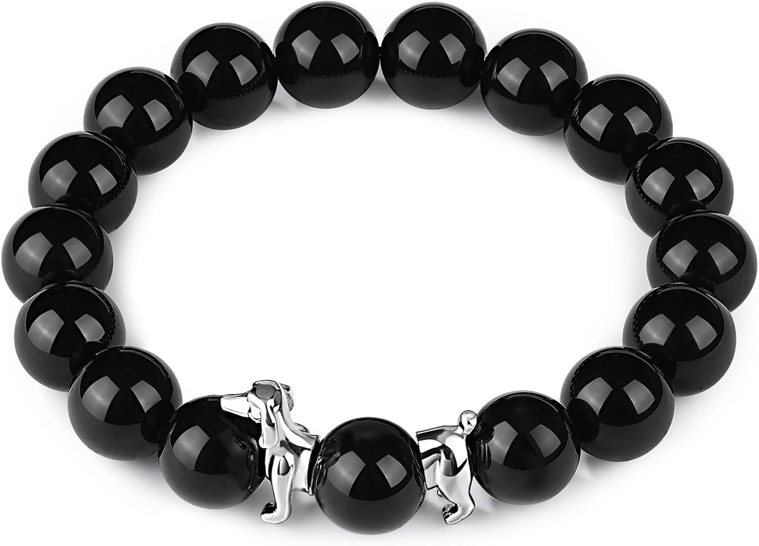 King Will Men's Black Onyx Bead Bracelet with Unique Dachshund Dog Charms, 10mm Glossy Natural Stone Pet Lover Gift, Stylish Animal Jewelry