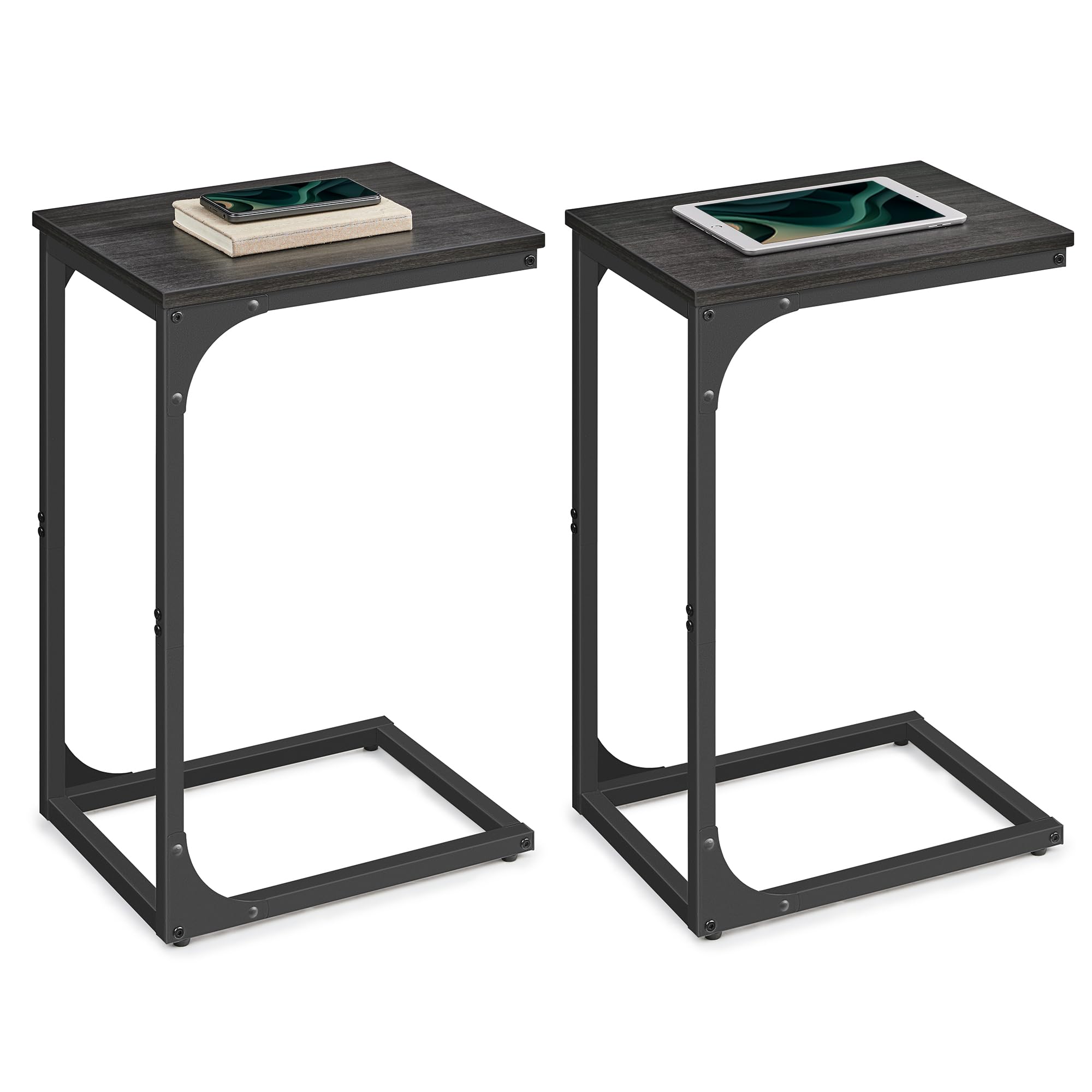 VASAGLE Set of 2 C-Shaped Side Table, Bedside Table, Sofa Side Table, Coffee Table, with Metal Frame, Industrial, for Living Room, Bedroom, Grey Oak and Ink Black LET354B42