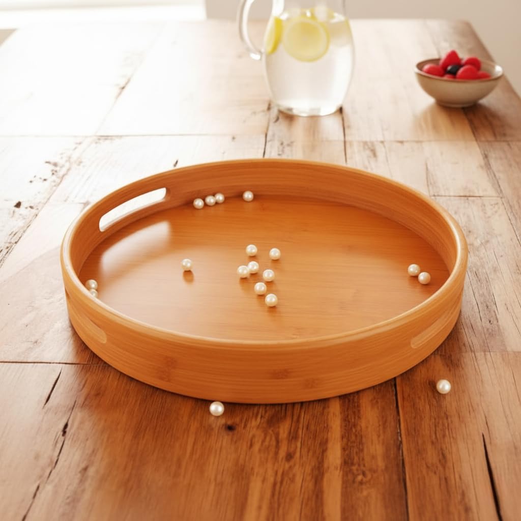 Deconox Taşıma Kulplu Yuvarlak Bambu Tepsi (30 cm) | Doğal Ahşap Servis Tepsisi | Kahve, Kahvaltı ve Dekoratif Masaüstü Organizeri
