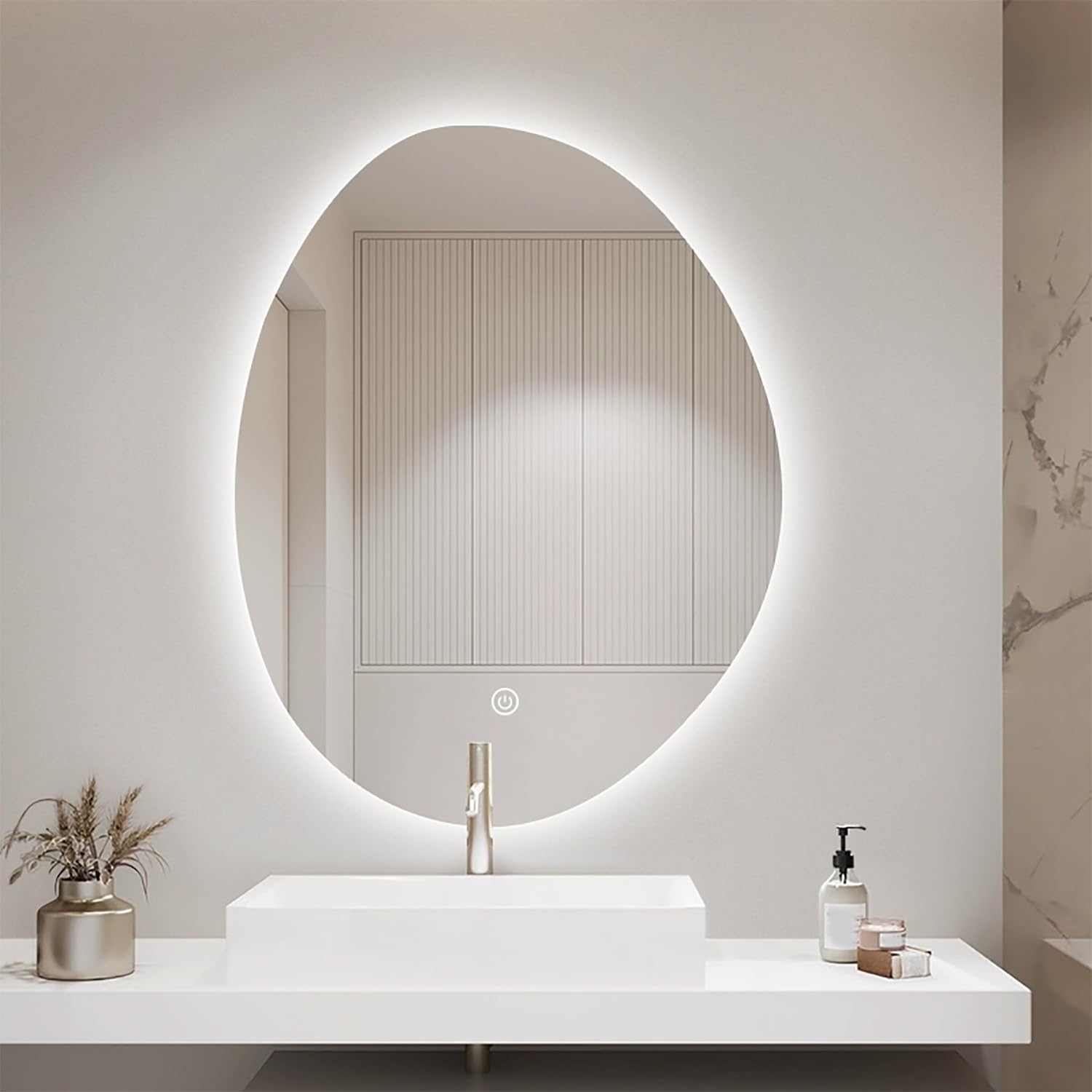 BKSXSOP 100cm Irregular Oval LED Bathroom Mirror, Modern 80/90cm Backlit Vanity Adjustable 3 Colors, Anti-Fog, Asymmetric Design (36 * 28in)