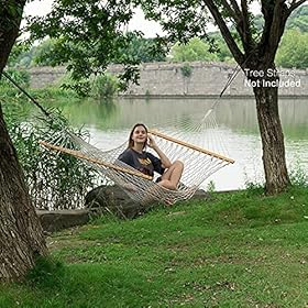 Gafete Rope Hammocks Swing with 5ft Tree Straps, Traditional Hand Woven Cotton 52" Double Hammock with Free Chains & Straps & Hooks & Hardwood Spreader Bar for Outside Outdoor, Max 450Lbs (Natural) 61PkTs9FbNL. SS280