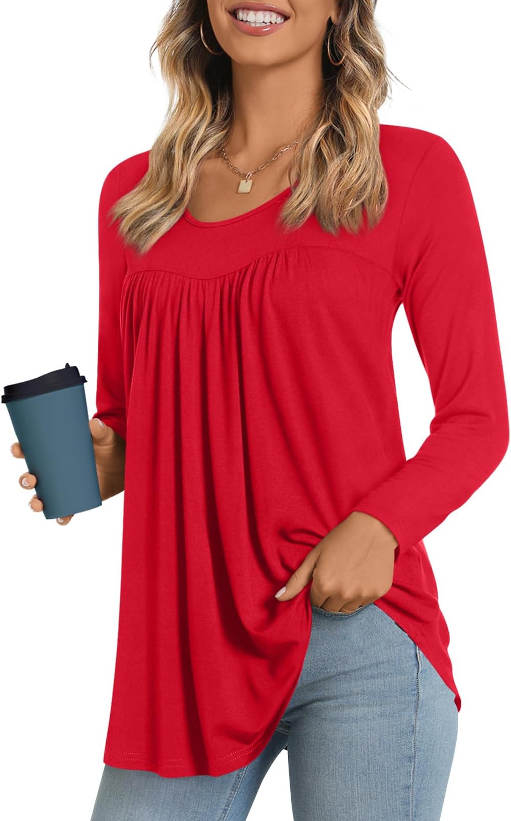 LONGYUAN Women's Long Sleeve Casual Tunics Tops 2026 Winter Loose Shirts Flare Blouse Comfy Elastic Cute