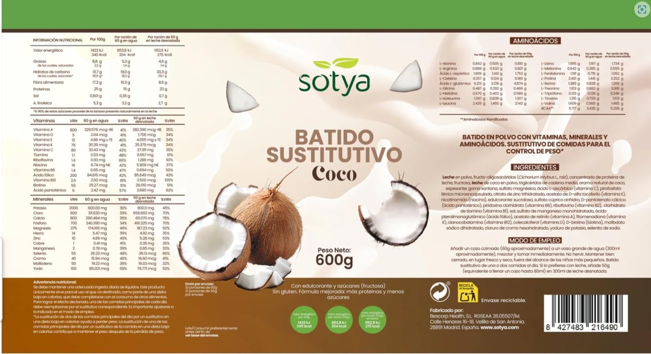 Batido Saciante Sustitutivo Comida Pack 3 Coco, Capuchino, Yogur Piña | Alto en Proteínas, Alto en Fibra, Bajo en Grasas, Sin Azúcares Añadidos