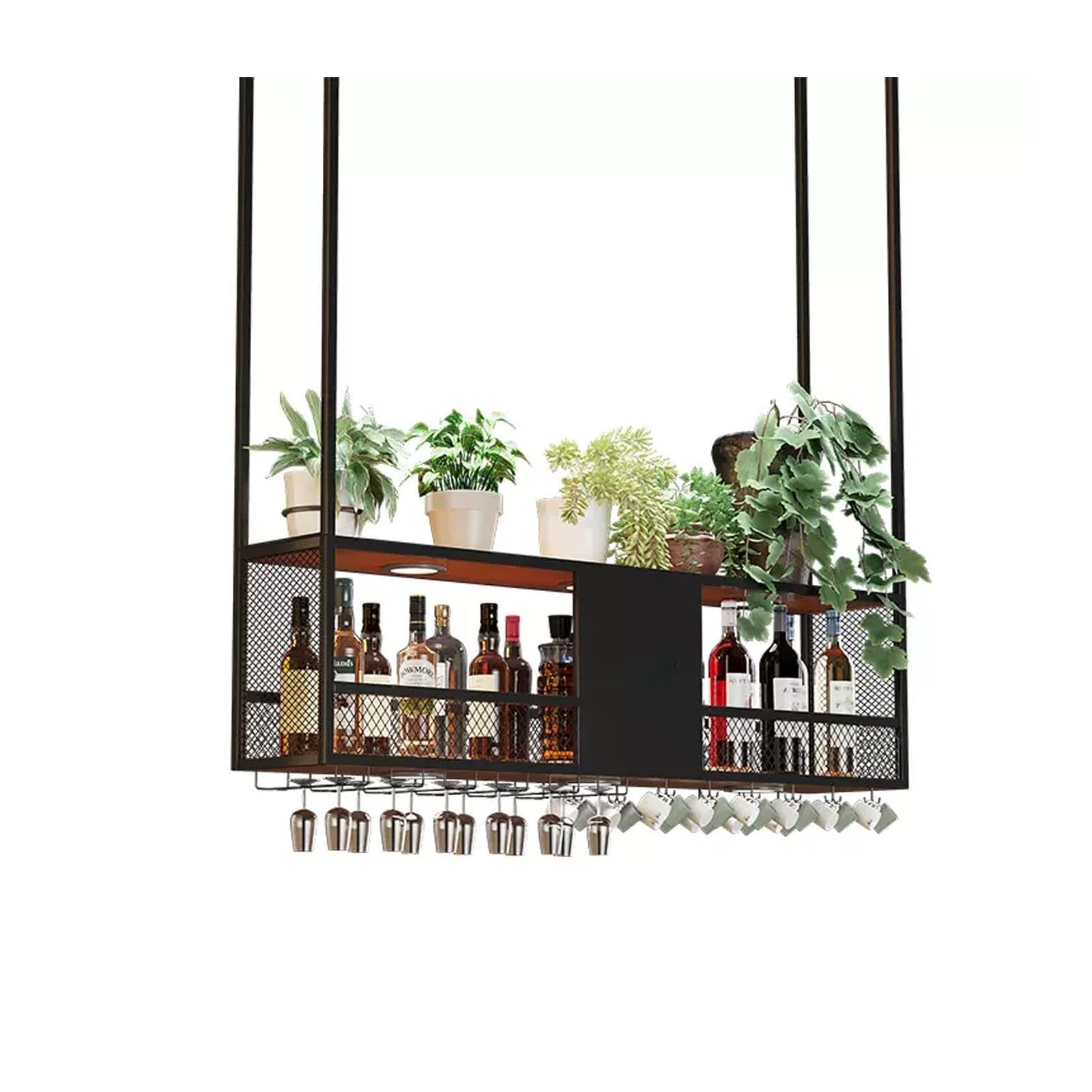 Rangement mural pour verres et vin suspendu, ambiance café bistrot