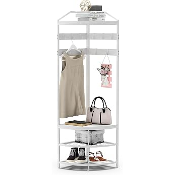 VEDECASA Coat Stand Metal Corner Coat Rack Hallway Tree Freestanding Clothes Rack with 12 Movable Hooks and Storage Shelf for Hallway Living Room Bedroom Office Hallway Entrance White