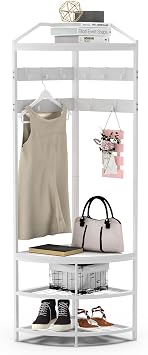 VEDECASA White Coat Rack with Shoe Storage Bench 4-Tier Coat Stand Freestanding Corner Coat Rack with 10 Metal Movable Hooks and Wooden Storage Shelves for Hallway Entrance Closet Bedroom