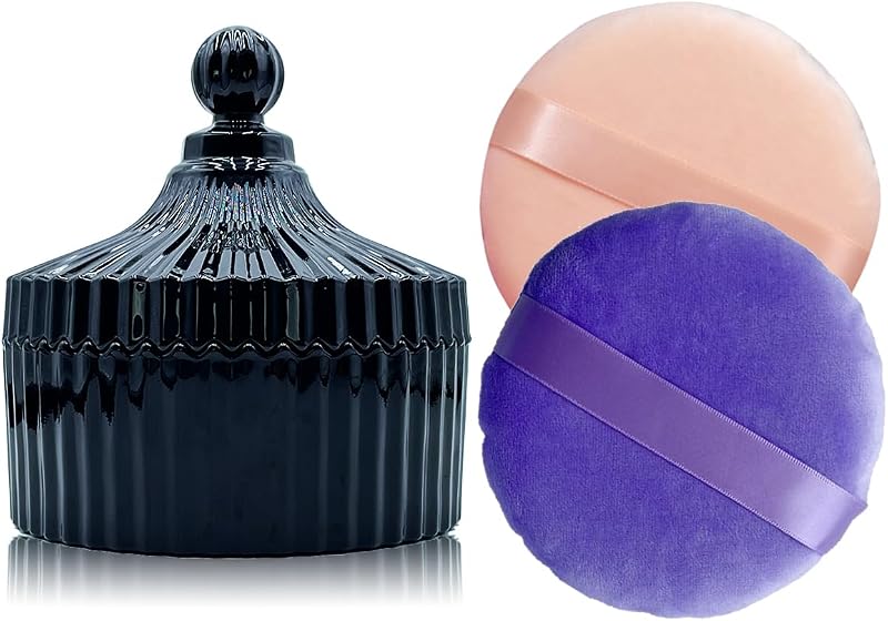 YILUSHENGHUA Conjunto com 2 puffs grandes para pó em bege e roxo e recipiente de vidro preto