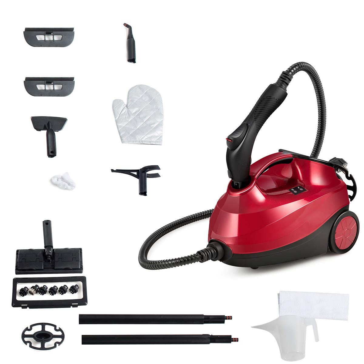 GIANTEX Myjka parowa 2000 W, odkurzacz parowy podłogowy z 19 akcesoriami, zbiornik 1,5 l / 4 bar / do 108 °C / 2 rurki przedłużające / mop parowy do dywanów, podłóg, narożników, czerwona