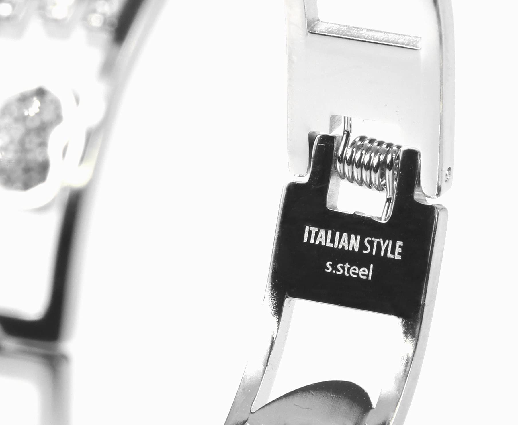 Flowers Bracciale Rigido Acciaio con Nome Vari e Zirconcini Sacchettino in Tessuto Scritta Nome ricoperta di Strass Brillantissimi Bracciale a Manetta Donna Chiusura a Molla Idea Regalo