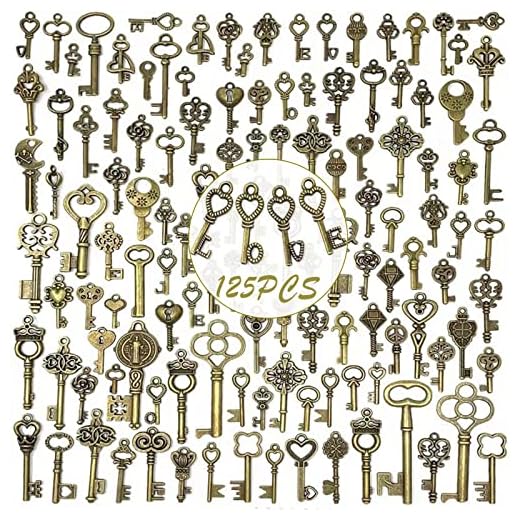 125PCS Vintage Skeleton Key Charms for Jewelry Making, Antique Style Bronze Brass Bracelet Charms, Keys Charms Pendant for DIY Crafting Making, Wedding Birthday Party Favors and Steampunk Resin Art