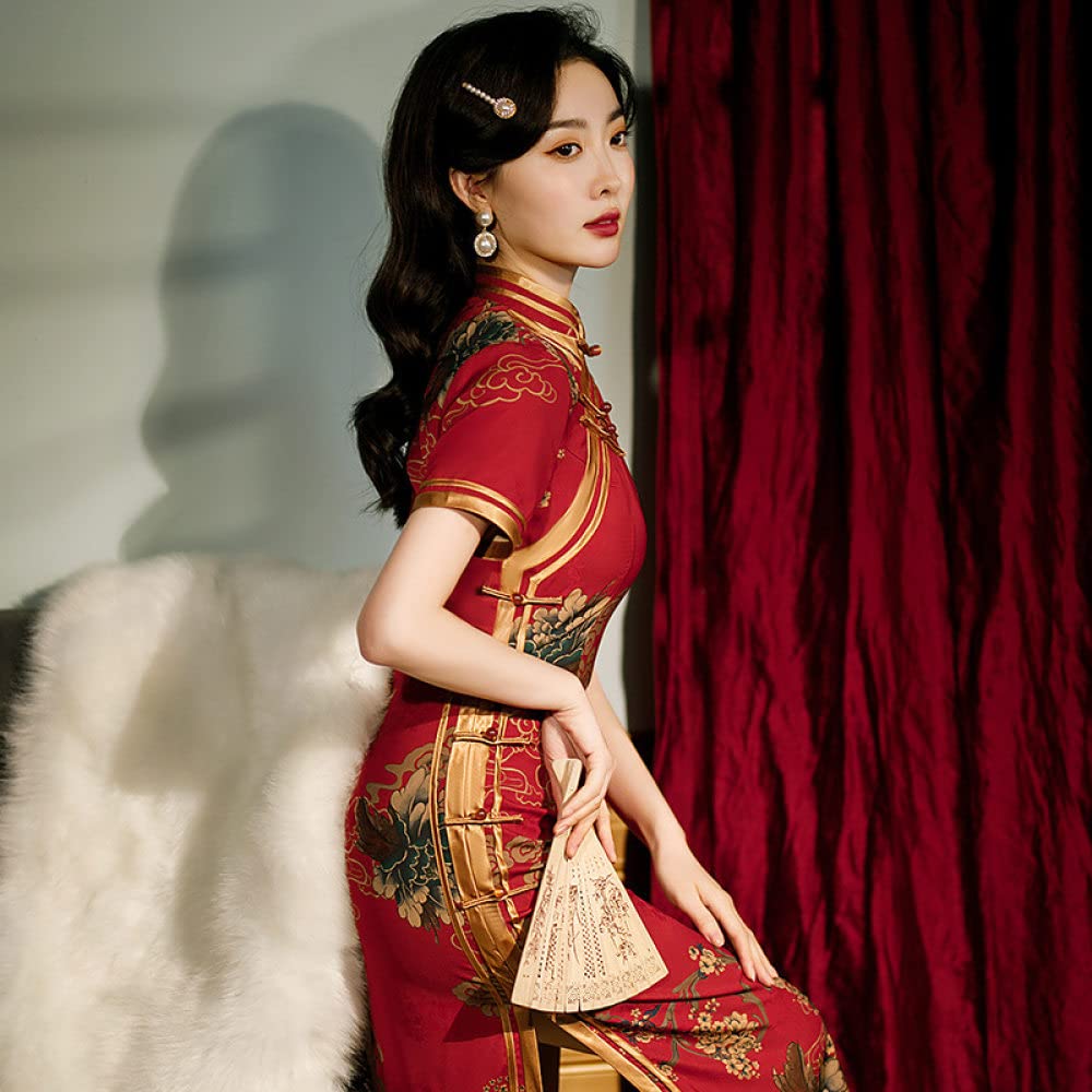 Abito Cinese da Donna - Elegante Abito da Sposa Floreale con Stampa Floreale da Sposa Orientale in Raso con Collo alla Coreana da Sera Qipao Oversize A Maniche Lunghe Cheongsam