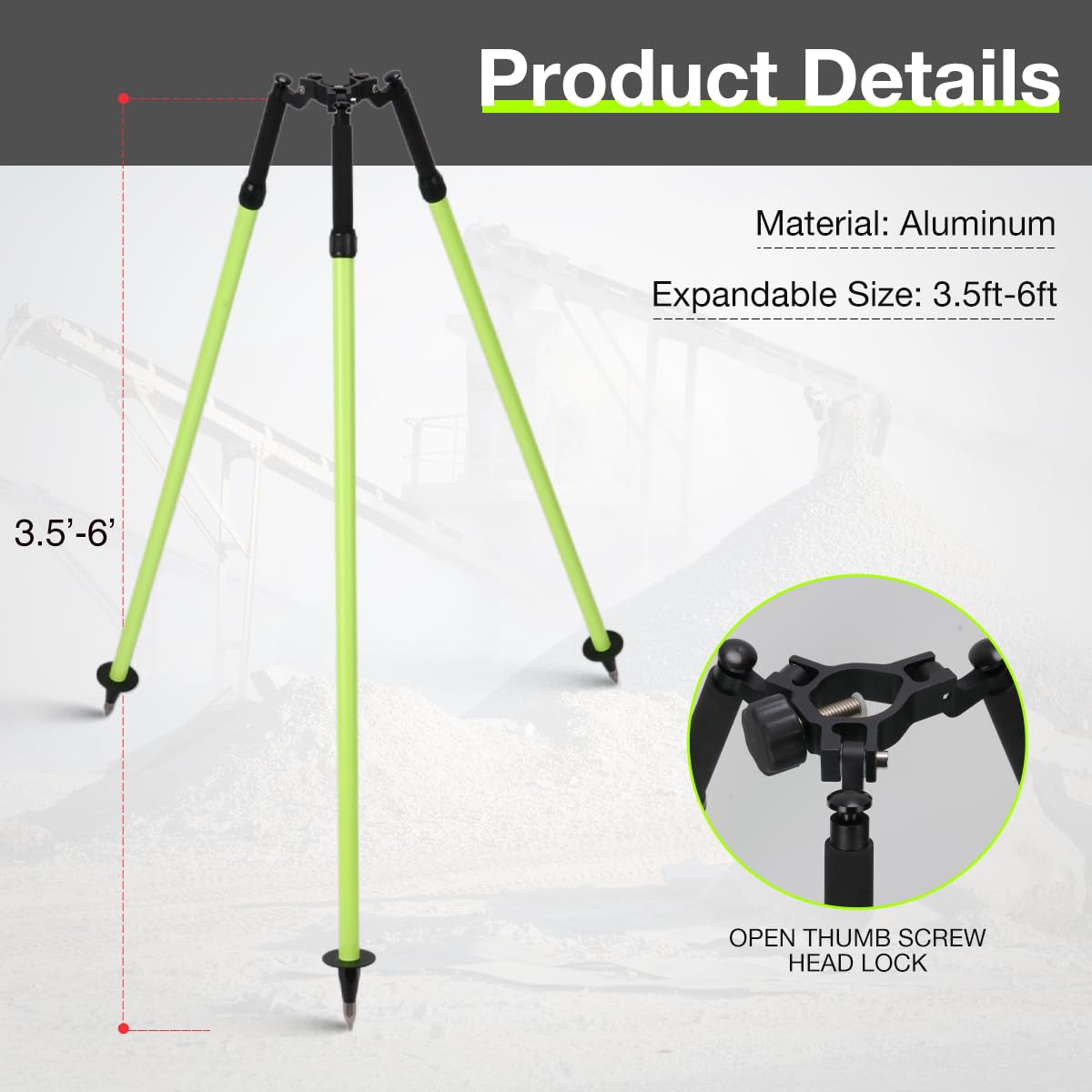Trípode de liberación de pulgar, trípode profesional de aluminio para postes de prisma y topografía, compatible con estaciones totales y equipos de topografía, verde
