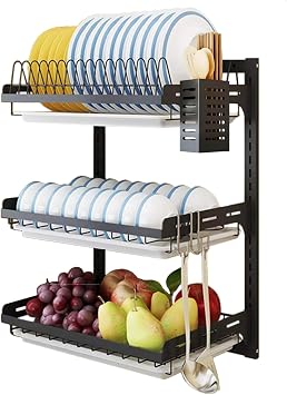 Wall Mounted Dish Drying Rack, 3 Tier Hanging Dish Rack Drainer, Wall Mount Kitchen Plate Organizer Storage Shelf with Drain Tray and 3 Hook, Stainless Steel, Black, Large, Ajustable Height 21.8"