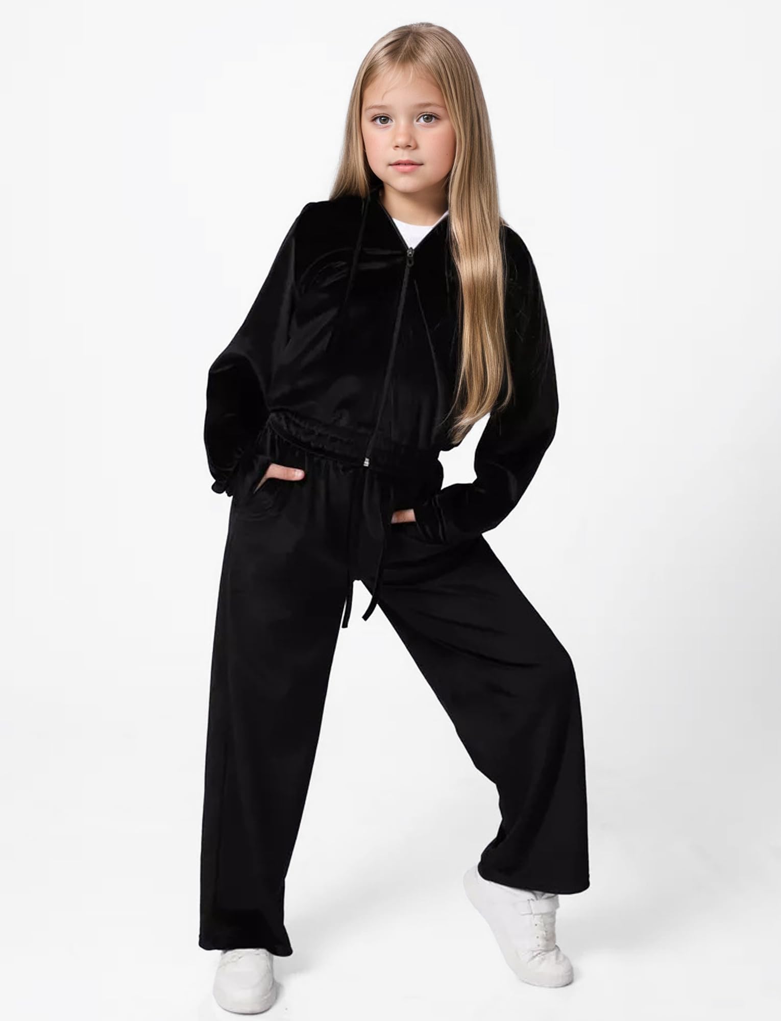 Happy Cherry Conjunto de chándal de terciopelo para niñas de 5 a 13 años con capucha y cremallera, pantalones deportivos de terciopelo suave