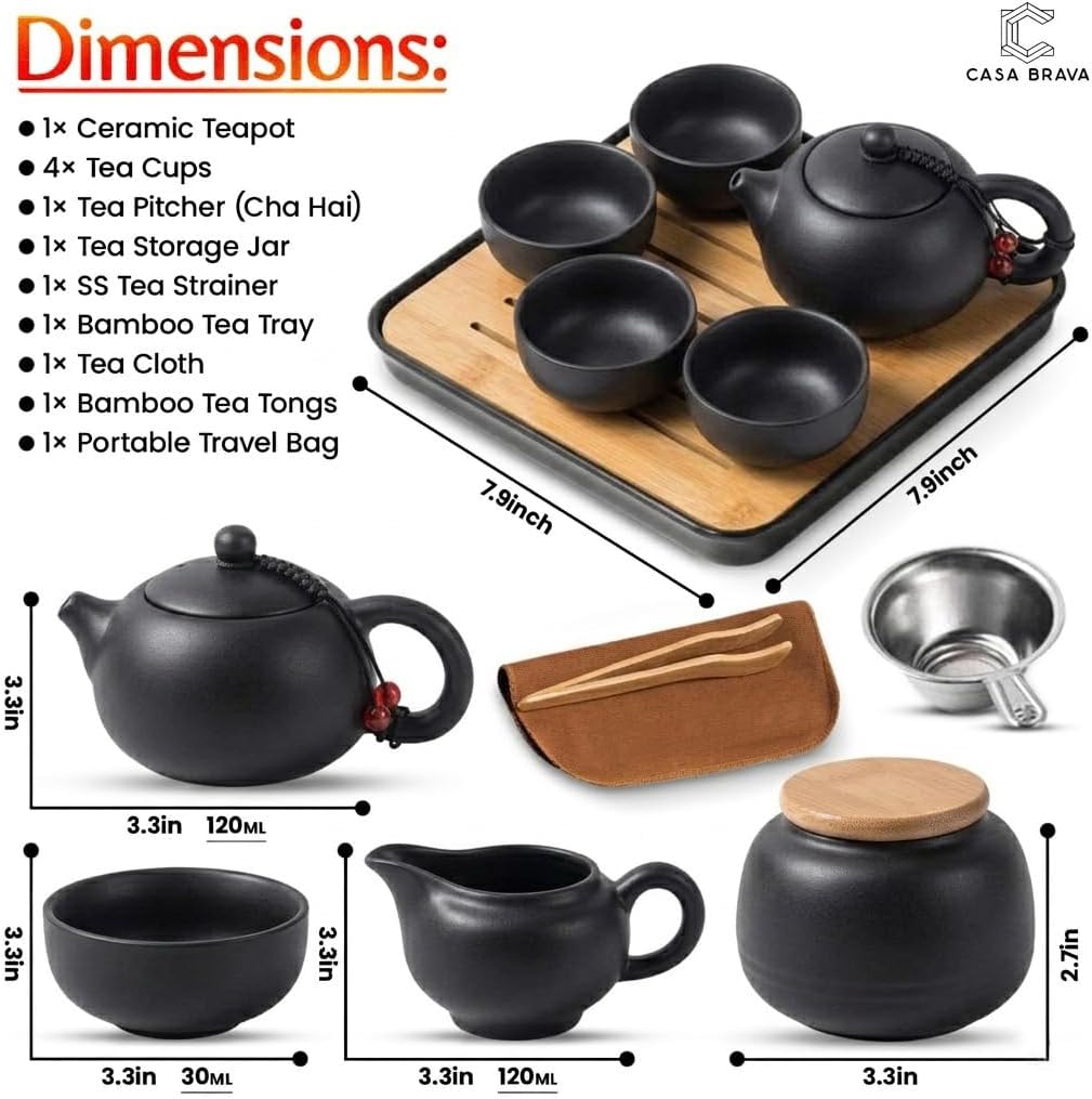 Travel Tea Set Portable Kung Fu Tea Set – Complete Gongfu Tea Set with Ceramic Teapot, 4 Cups, Bamboo Tray, Strainer & Travel Case – Chinese Japanese Asian Tea Ceremony Set for Adults