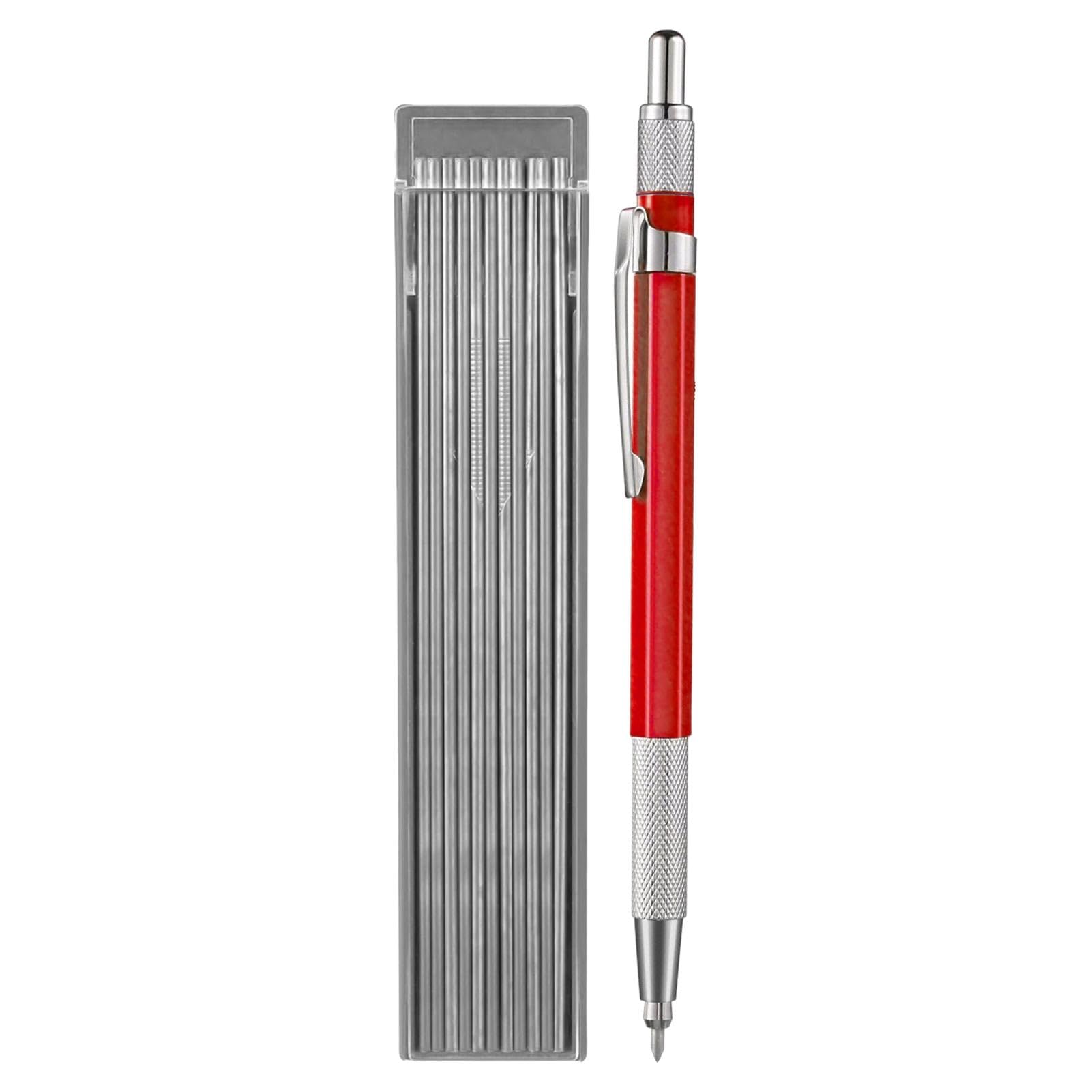 Metal Mechanical Pencil - 12 Silver Round Refills 2.0 mm Construction Pencil | Built-In Sharpener, Steel Marking Pen for Metal Work, Welders, Plumbers