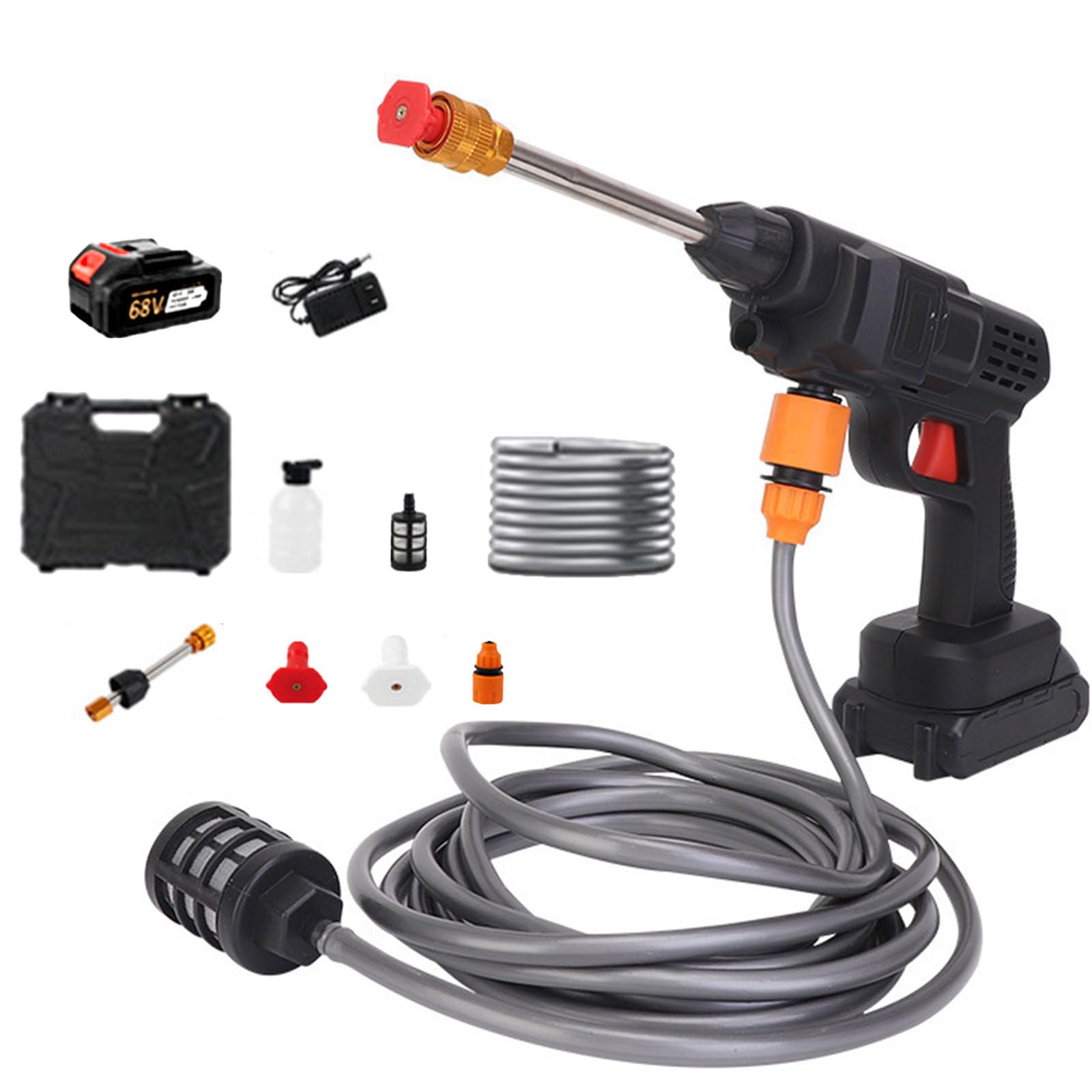Hidrolimpiadora de Alta Presion Inalámbrica, 21V Pistola de Agua a Presión Portatil con Baterías Recargable, 2 Boquilla, Manguera de 10M, Pulverizador de Espuma, 290 PSI Lavadora a Presión Sin Cable