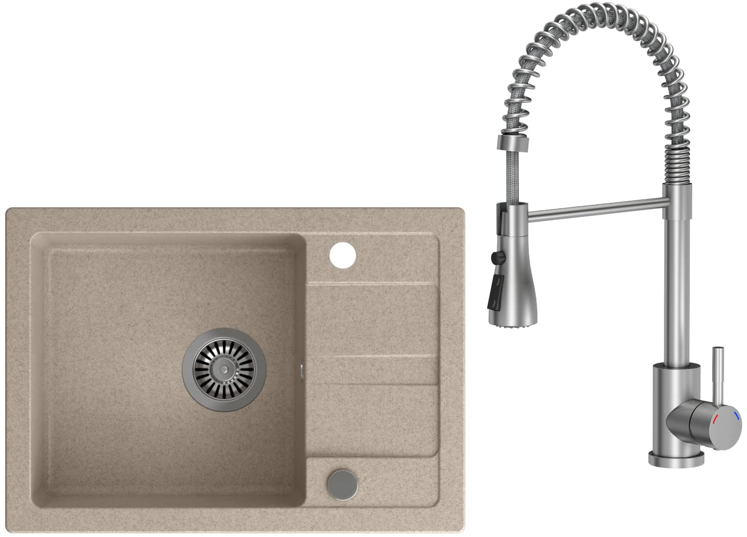 VBChome Fregadero con grifería, color beige, 62 x 44 cm, granito, fregadero individual, escurridor moteado, reversible, compuesto de acero inoxidable + sifón